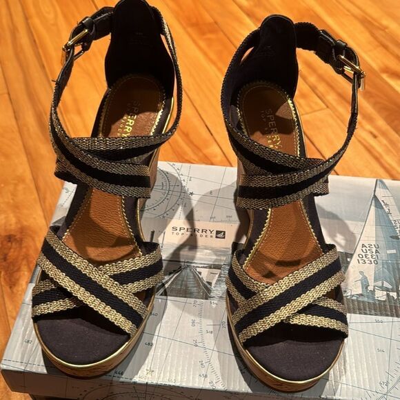 Sperry Top-Sider Harbordale navy/gold web buckle ankle strap cork wedges. 6M NIB - Picture 3 of 8